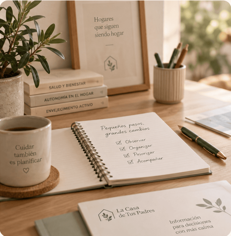 Escritorio de trabajo de La Casa de Tus Padres con cuaderno y materiales