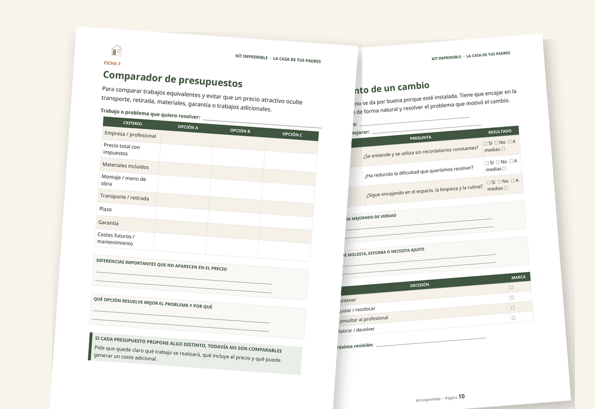 Vista previa de fichas del Kit imprimible La Casa de Tus Padres